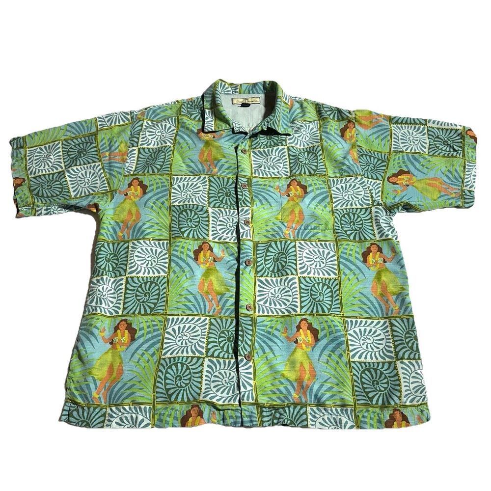Tommy Bahama DANCING HULA GIRLS 100% SILK Shirt Mens Size L Hawaiian Camp Floral